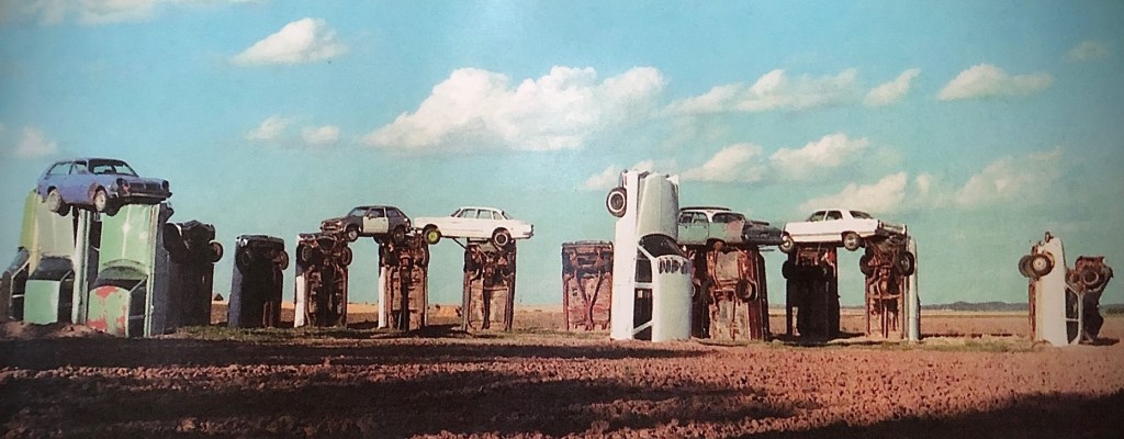 Carhenge before it was painted gray.